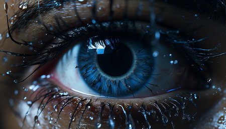 Close up of a human eye looking macro, one person, blue eyesight generated by artificial intelligenceの素材