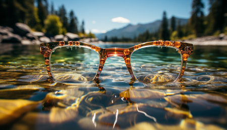 Nature beauty reflected in sunglasses, capturing summer sunlight and relaxation generated by artificial intelligenceの素材