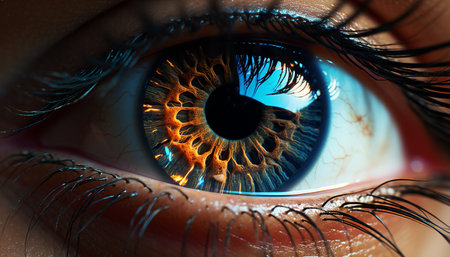 Blue iris staring, close up of a woman beautiful eye generated by artificial intelligenceの素材
