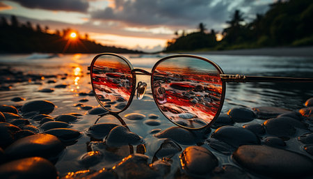 Sunset over the water, sunglasses reflect the beauty of nature generated by artificial intelligenceの素材