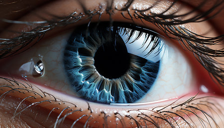 Blue eyed woman looking at camera, close up of beautiful irises generated by artificial intelligenceの素材