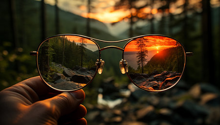 Men and women looking at sunset, wearing sunglasses, enjoying nature generated by artificial intelligenceの素材