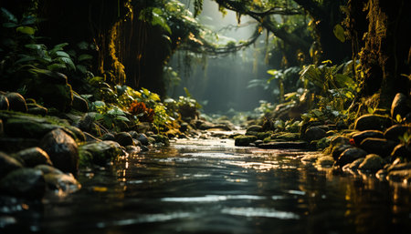 A tranquil scene of a forest, with green trees and autumn leaves reflecting in a pond generated by artificial intelligenceの素材