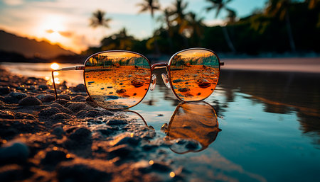 Sunglasses reflect nature beauty in summer sunset over water generated by artificial intelligenceの素材