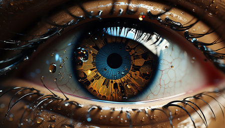 Close up of a blue eye, staring, reflecting, watching, futuristic design generated by artificial intelligenceの素材