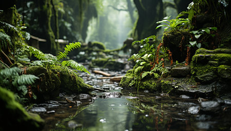 Lush green forest, tropical rainforest, tranquil scene, flowing water, wilderness generated by artificial intelligenceの素材