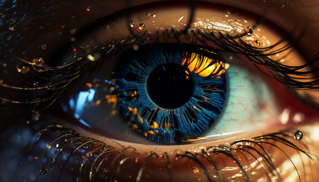 Close up of a human eye looking, macro, eyeball, one person generated by artificial intelligenceの素材