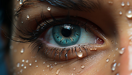 Close up of a young woman blue eye, looking at camera generated by artificial intelligenceの素材
