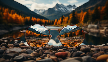 Sunglasses reflect beauty in nature, outdoors, mountains, and summer generated by artificial intelligenceの素材