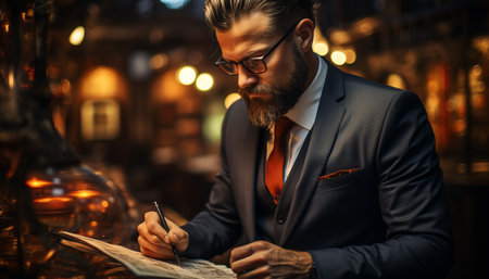 A confident businessman in a suit, holding a smart phone generated by artificial intelligenceの素材