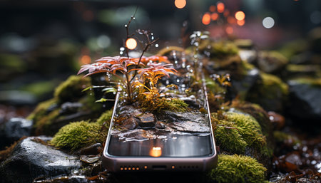 Close up of a wet leaf on a tree, showcasing nature beauty generated by artificial intelligenceの素材
