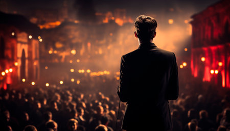 Young businessman standing on stage, backlit by glowing city lights generated by artificial intelligenceの素材