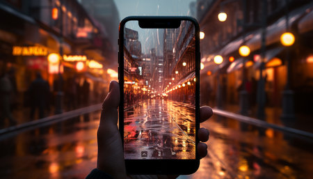 Nighttime cityscape illuminated by street lights and skyscrapers, capturing urban lifestyles generated by artificial intelligenceの素材
