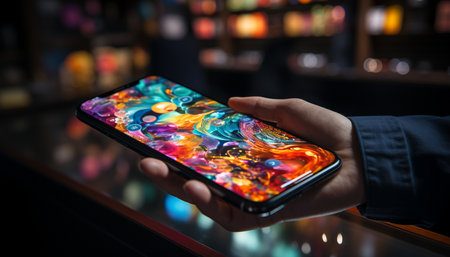 A young adult holding a mobile phone, working indoors at night generated by artificial intelligenceの素材