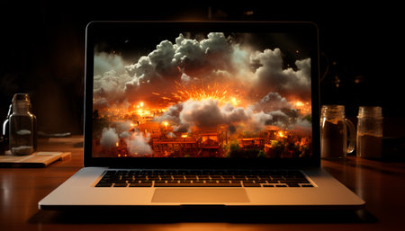 Laptop on desk, working under the night sky, wireless technology generated by artificial intelligenceの素材