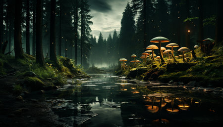 Mysterious forest at night, tranquil scene with fog generated by artificial intelligenceの素材