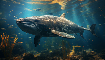 Majestic dolphin swimming in blue underwater, a natural beauty generated by artificial intelligenceの素材