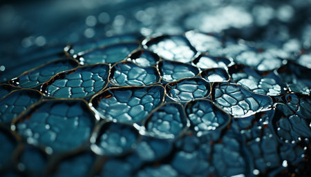 Freshness of nature reflected in dew drops on blue backdrop generated by artificial intelligenceの素材