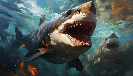 Majestic sea life swimming, sharp teeth in a furious confrontation generated by artificial intelligenceの素材
