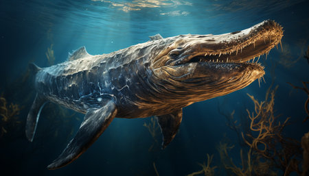 Majestic turtle swimming in deep blue underwater adventure generated by artificial intelligenceの素材