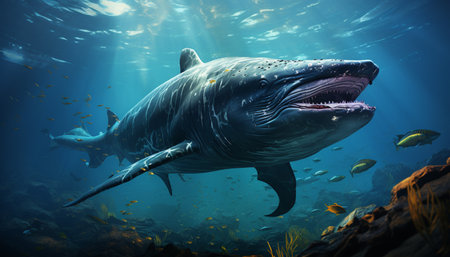 Majestic underwater adventure large fish swimming in blue sea generated by artificial intelligenceの素材