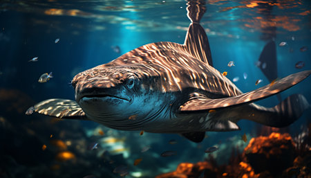 Majestic turtle swimming in deep blue underwater, surrounded by coral generated by artificial intelligenceの素材