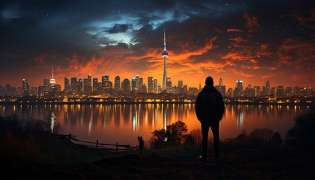 Silhouette of one person standing, reflecting on tranquil cityscape generated by artificial intelligenceの素材