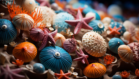 A vibrant collection of multi colored seashells decorates the sandy coastline generated by artificial intelligenceの素材
