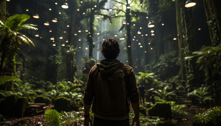 One person hiking in the tranquil autumn forest generated by artificial intelligenceの素材