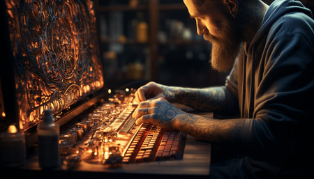 A bearded man, skilled musician, plays guitar in workshop generated by artificial intelligenceの素材