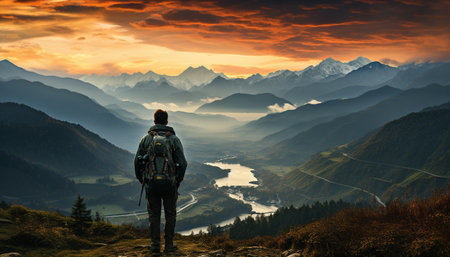 One person hiking mountain peak, enjoying breathtaking sunset generated by artificial intelligenceの素材