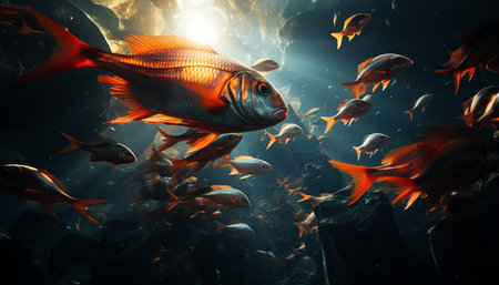A vibrant school of fish swimming in a colorful reef generated by artificial intelligenceの素材