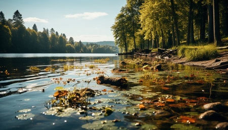 Tranquil scene nature beauty reflected in water, autumn forest generated by artificial intelligenceの素材