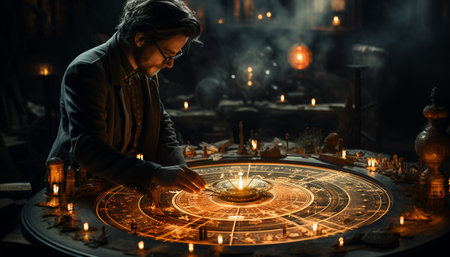 A man working with fire, crafting a glowing candle generated by artificial intelligenceの素材