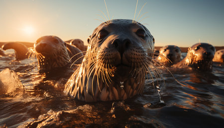 Cute seal swimming underwater, playful, looking at camera generated by artificial intelligenceの素材