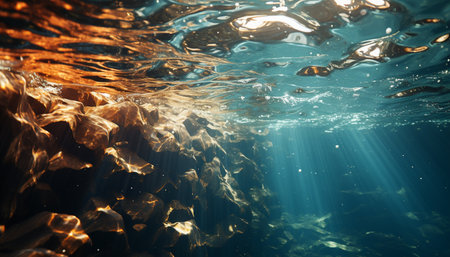 Underwater fish swimming in blue sea, nature vibrant backdrop generated by artificial intelligenceの素材