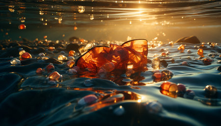 Bright blue water reflects the summer sunset, creating a tranquil scene generated by artificial intelligenceの素材