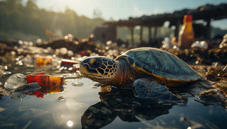 A slow turtle crawls underwater, showcasing the beauty in nature generated by artificial intelligenceの素材