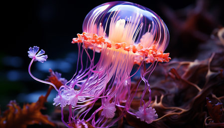 Glowing purple jellyfish swims in deep, dangerous, translucent underwater beauty generated by artificial intelligenceの素材