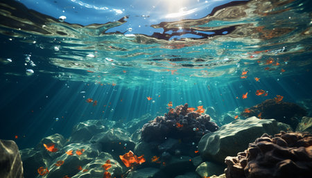 Underwater fish reef, nature blue scuba diving adventure generated by artificial intelligenceの素材