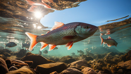 A school of colorful fish swim in the tropical reef generated by artificial intelligenceの素材