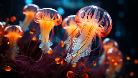 Glowing, translucent moon jellyfish swim in underwater beauty generated by artificial intelligenceの素材