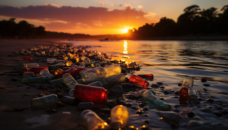 Sunset over the coastline reflects plastic garbage in the water generated by artificial intelligenceの素材
