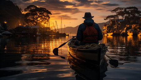 Fisherman rowing at sunset, reflecting on tranquil nature and vacations generated by artificial intelligenceの素材