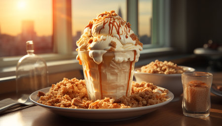 Fresh ice cream on a wooden table, a summer delight generated by artificial intelligenceの素材