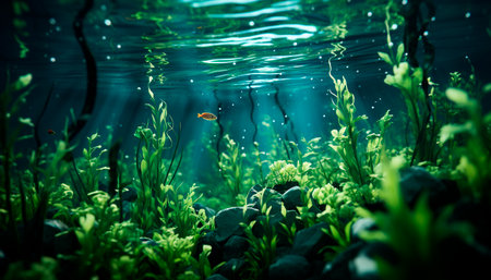 Underwater fish swim in blue, tropical reef, surrounded by beauty generated by artificial intelligenceの素材