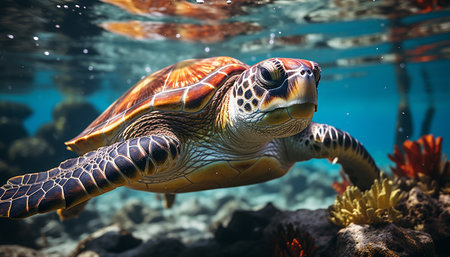 Turtle swimming underwater, surrounded by colorful fish and coral generated by artificial intelligenceの素材