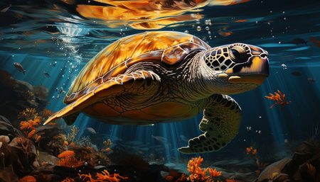 A beautiful sea turtle swimming in the colorful underwater reef generated by artificial intelligenceの素材