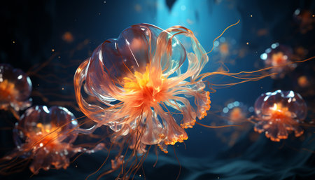 Abstract underwater illustration of glowing multi colored fish in a reef generated by artificial intelligenceの素材