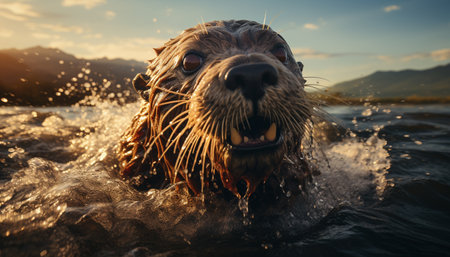 Cute dog swimming in water, playful and fun in summer generated by artificial intelligenceの素材